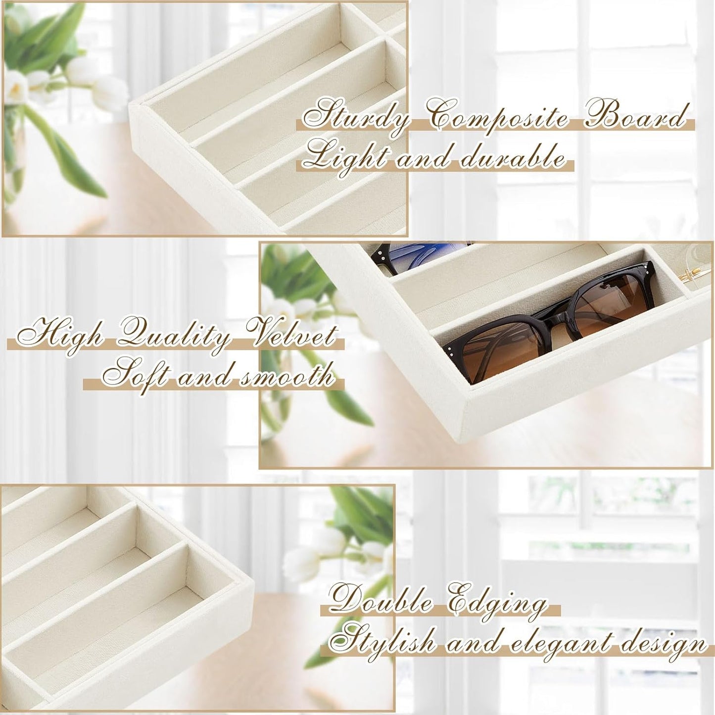 Amylove 2 Pcs Sunglass Organizer Trays Glasses Stackable Jewelry Trays Sunglass Organizer Display Box(8 Grids,Beige)