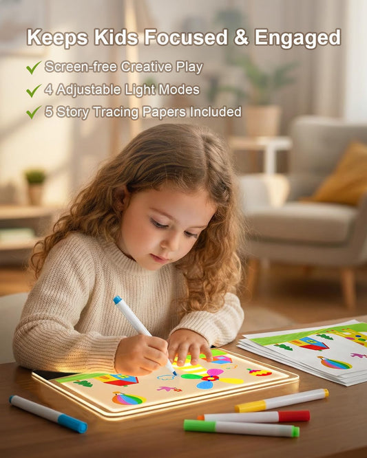 LED Drawing Board for Kids, Rechargeable Light Up Doodle Glow Pad, 72H Battery, Neon Art Dry Erase Note Board with 5 Tracing Papers & 7 Markers, Educational Toys, Birthday Gifts for Boys Girls 3-12