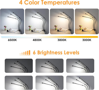 ShineTech LED Desk Lamp with Clamp, 3-Head Ultra-Wide Lighting, 4 Color Modes, Adjustable Gooseneck Task Lamp, Eye-Safe Dimming, Memory & Auto-Off Timer, Desk Light for Home Office, Study, Reading