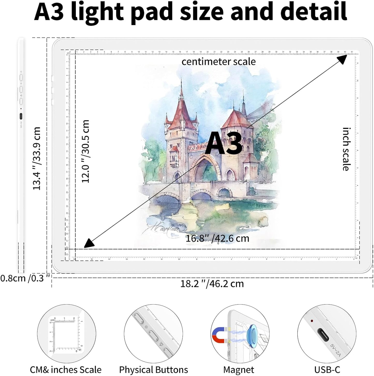 Heanolier Rechargeable A3 Tracing Light Box Drawing Pad,5600 Lux Bright Magnetic light pad, Dimmable Lightbox,3 color modes,light board for Diamond painting,light table for Sketching,Tattoo,X-ray View