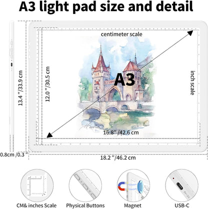 Heanolier Rechargeable A3 Tracing Light Box Drawing Pad,5600 Lux Bright Magnetic light pad, Dimmable Lightbox,3 color modes,light board for Diamond painting,light table for Sketching,Tattoo,X-ray View