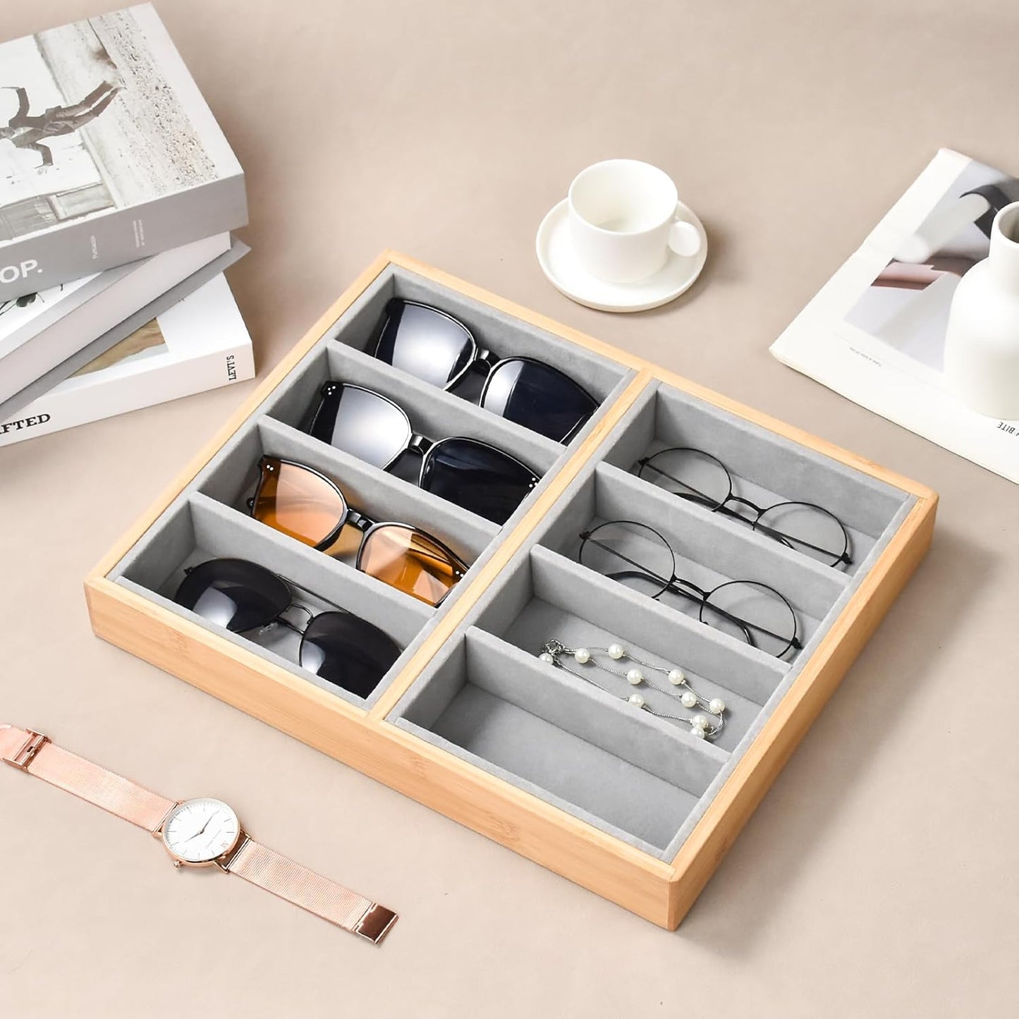 Natural bamboo Glasses Eyeglass Eyewear Sun glasses Sunglasses Box Storage Case Tray Display Showcase Organizer Box