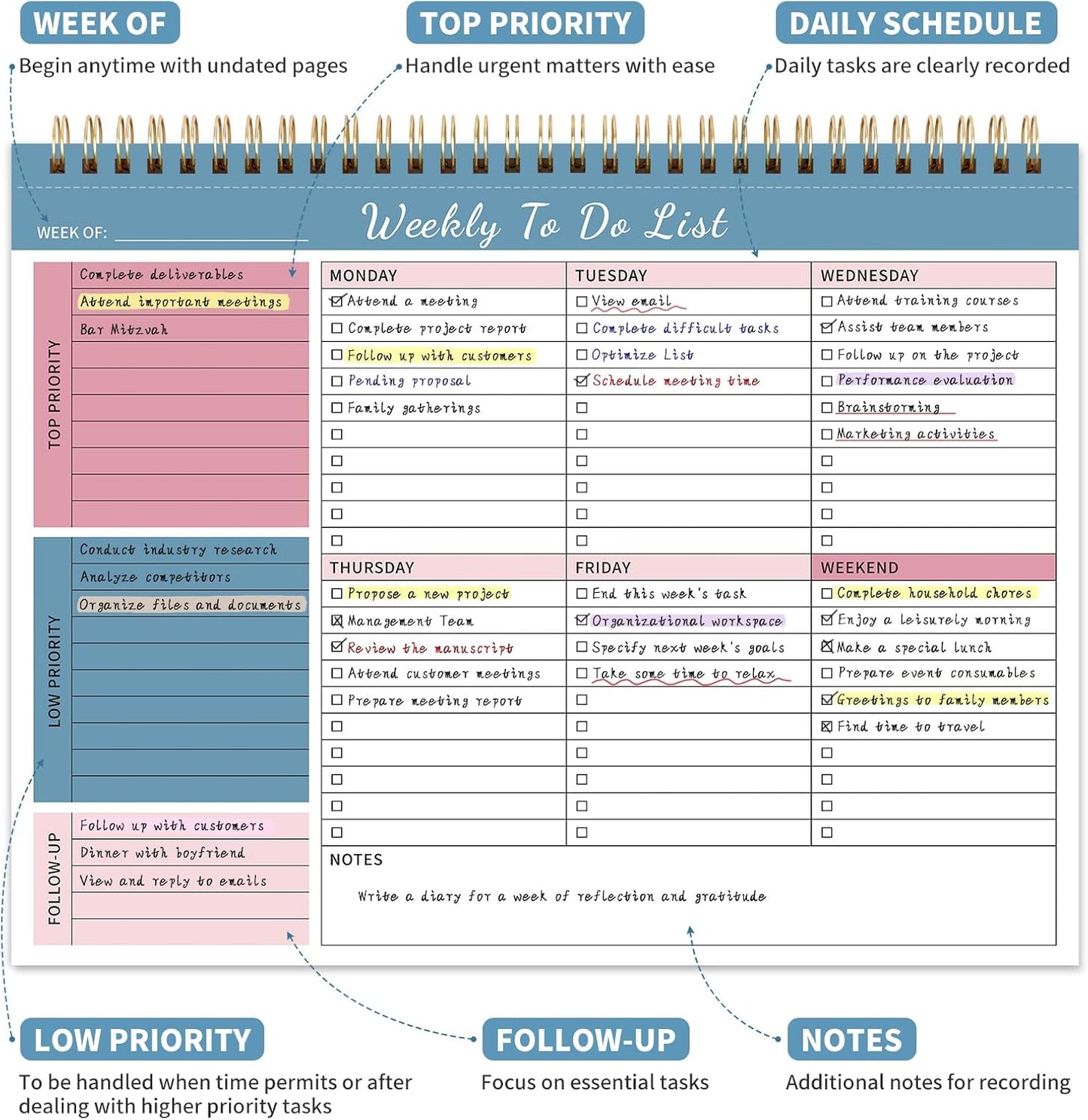 104 Pgs Weekly To Do List Notepad, 52 Duplex-Printed Undated Sheets 100 GSM（8.5"×11") Weekly Desk Planner For Work Home School Office Desk Accessories Supplies & Goal Setting Tasks - Green