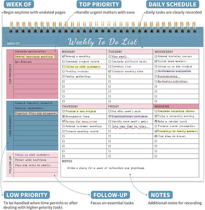 104 Pgs Weekly To Do List Notepad, 52 Duplex-Printed Undated Sheets 100 GSM（8.5"×11") Weekly Desk Planner For Work Home School Office Desk Accessories Supplies & Goal Setting Tasks - Green