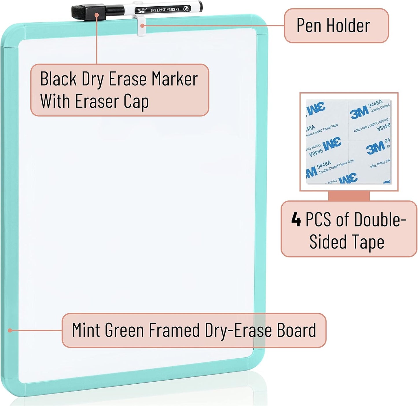 Mr. Pen- Dry Erase Board, 14” x 11” with a Black Dry Erase Marker, White Frame, Small Mini White Board for Students, Fridge, Wall, Locker, Includes Double Sided Tapes