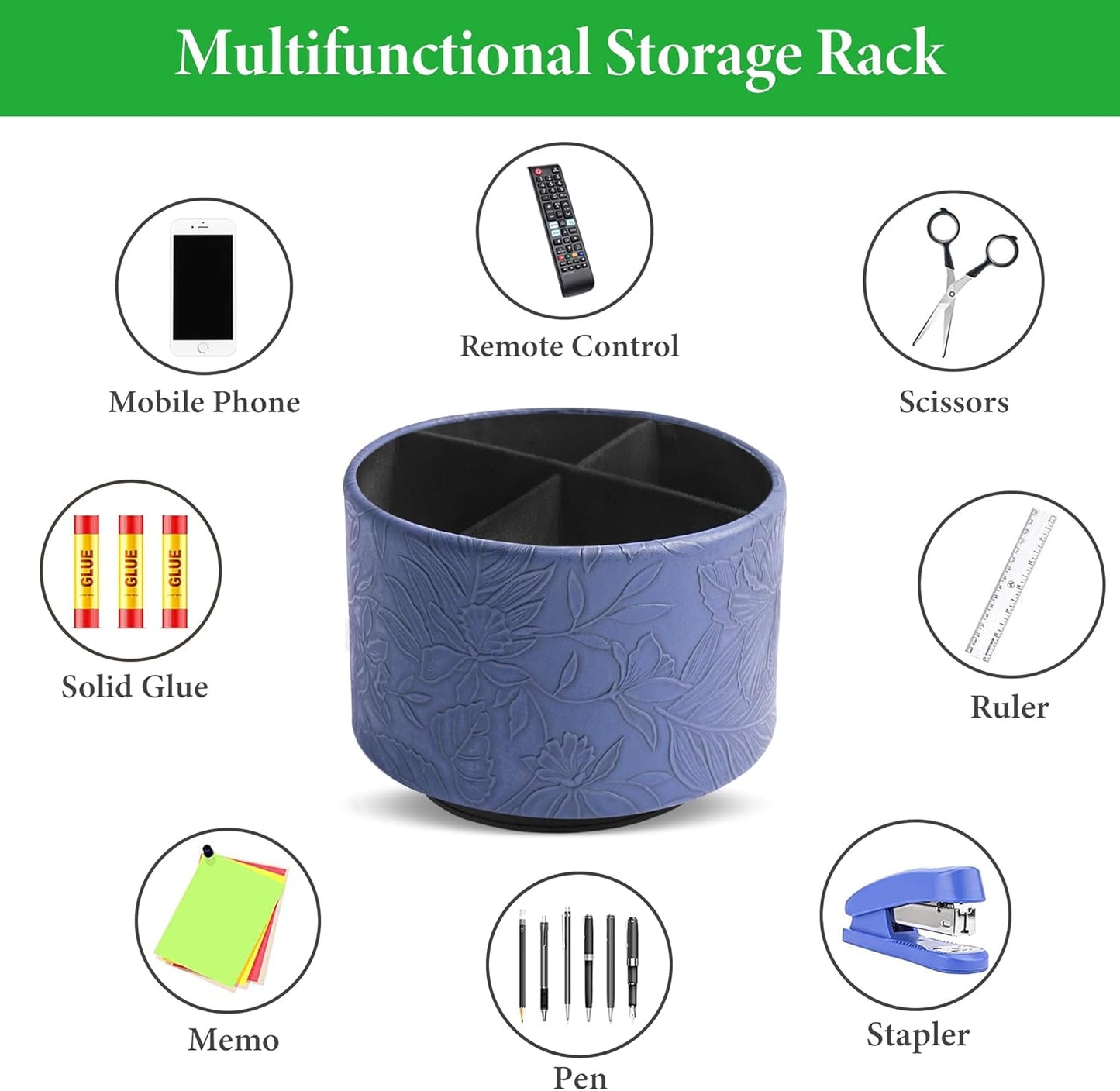 Round Leather Art Supply Organizer,Remote Control Holder,360 Degree Rotating,Multi-Functional Pencil Holder,4 Compartments Desktop Stationary Organizer(1-Fractal Flower) | Round - Colors A