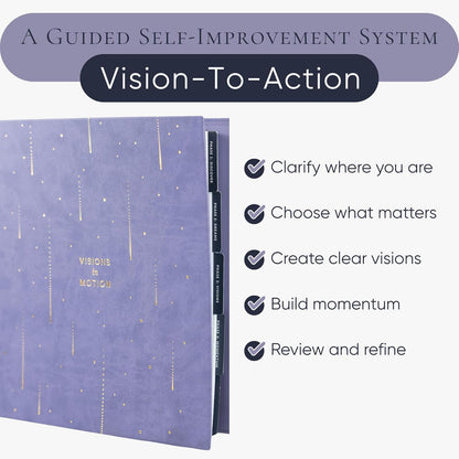Vision Board Kit & Guided Manifestation Journal | Goal Planner & Habit Tracker, Self Care & Reflection Tools | Undated Vegan Leather Hardcover | Visions in Motion Portable Vision Board