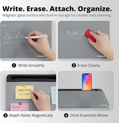 Glass Desktop Magnetic Whiteboard with Storage, Frosted Glass Dry Erase Board for Desk, Desk Organizer with Strong Magnets and Phone Stand for Home Office and School Supplies