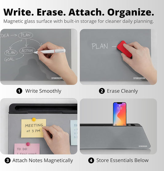 Glass Desktop Magnetic Whiteboard with Storage, Frosted Glass Dry Erase Board for Desk, Desk Organizer with Strong Magnets and Phone Stand for Home Office and School Supplies