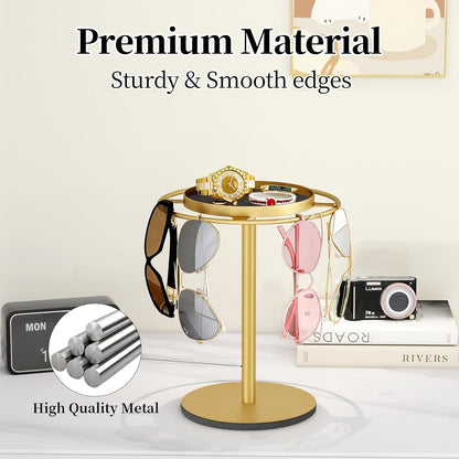 LSK Metal Sunglasses Organizer, Glasses Holder Stand with Storage Tray, Eyeglasses Holder with Anti-Slip Pads for Tabletop, Desk, Dresser, Matte Black