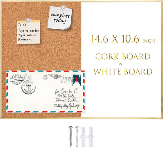 Okydoky Cork Board White Board Combo, Small Size 10.6" x 14.6" Magnetic Dry Erase Board/Bulletin Combination Board, Gold Aluminum Frame, for Home, Office, School(ZHBB-Gold-2737)