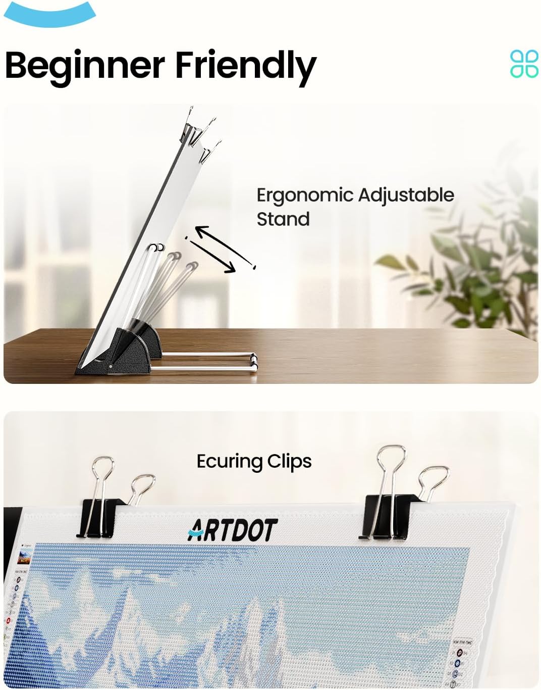 ARTDOT A3 LED Light Pad for Diamond Art Kits for Adults, USB Powered Light Board Kit, Adjustable Brightness with Diamond Painting Tools Detachable Stand and Clips