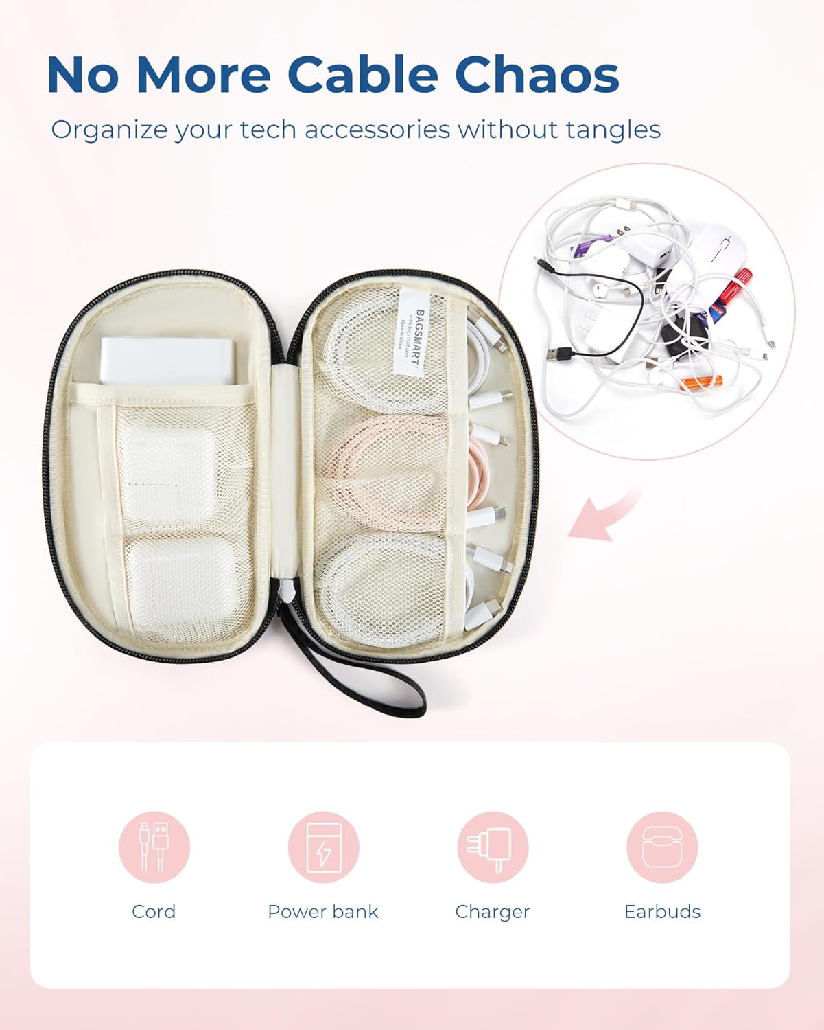 BAGSMART Electronics Organizer Travel Case, Cord Organizer for Women, Travel Cable Bag (Beige)