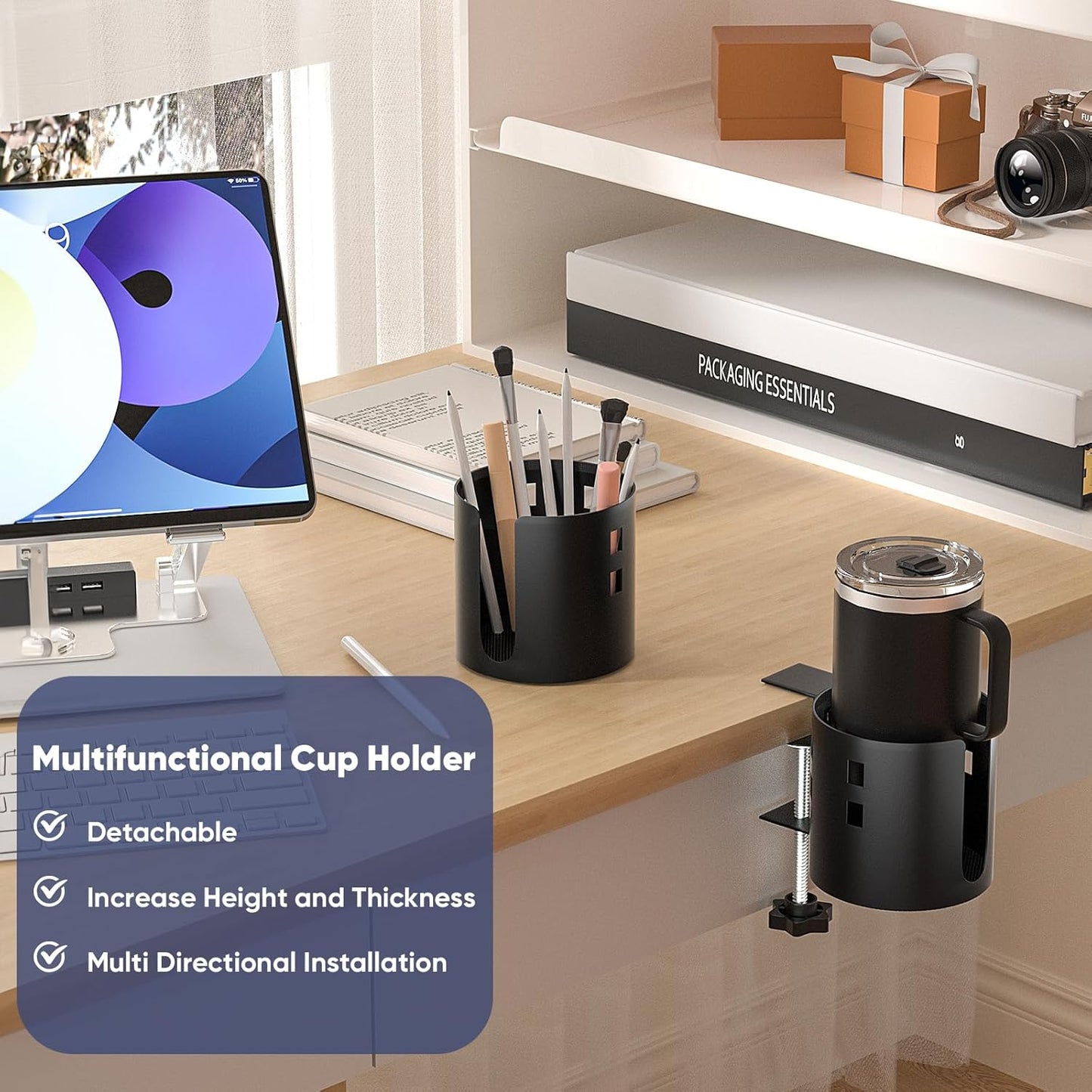 Deeper Desk Cup Holder, OOKUU Anti-Spill Cup Holder for Desk or Table, Sturdy and Durable, Easy to Install, Enough to Hold Coffee Cups, Water Bottles, Gaming PC Office Accessories, Black