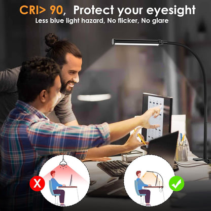 ShineTech LED Desk Lamp with Clamp, Eye-Caring Clip on Desk Light with 3 Color Modes & Stepless Dimming, 360° Flexible Gooseneck Desk Lamp for Home Office College Dorm with USB Adapter