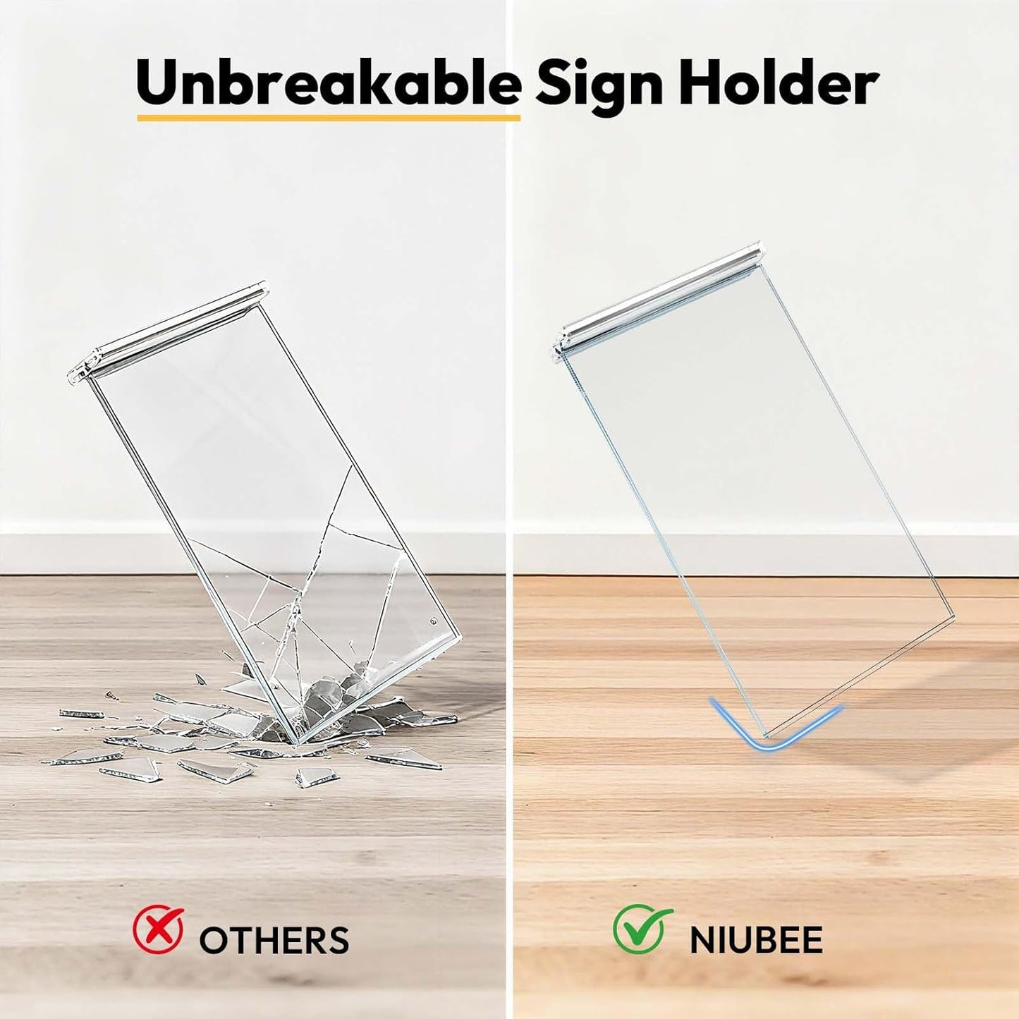 NIUBEE Acrylic Sign Holder Unbreakable: 8.5 x 11 Flyer Stand for Outdoor Vendor Event Booths - Clear Price List Paper Display for Craft Fair Market Table - 3 Pack