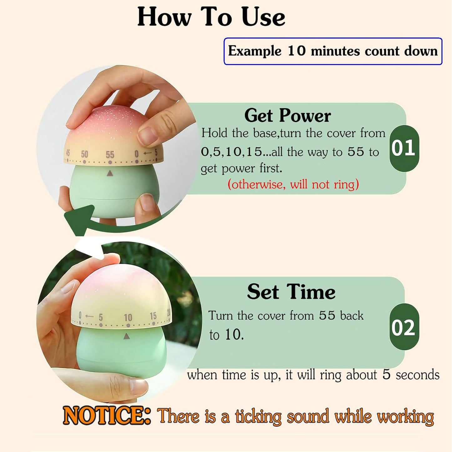 Cute Mushroom Timer for Kids, High Volume Mechanical Kitchen Timer, Wind Up 60 Minutes Manual Countdown Timer for Classroom, Home, Study and Cooking (Green)
