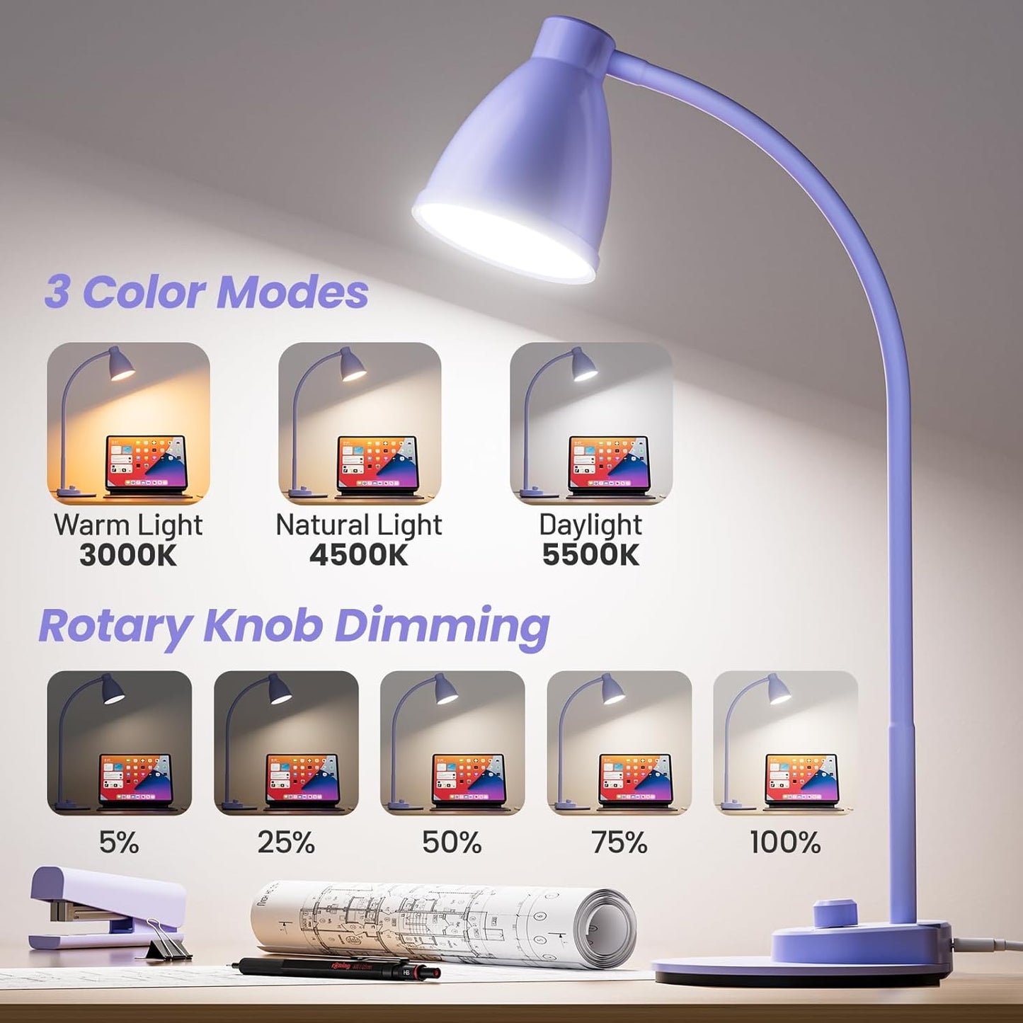 BOHON LED Desk Lamp with USB Charging Port, 3 Color Modes Dimmable Reading Lamp, Auto Dimming Task Lamp, Flexible Neck Table Light for Dorm Bedside, Adapter Include, White