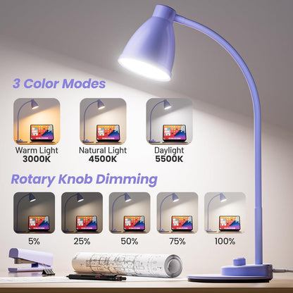 BOHON LED Desk Lamp with USB Charging Port, 3 Color Modes Dimmable Reading Lamp, Auto Dimming Task Lamp, Flexible Neck Table Light for Dorm Bedside, Adapter Include, White