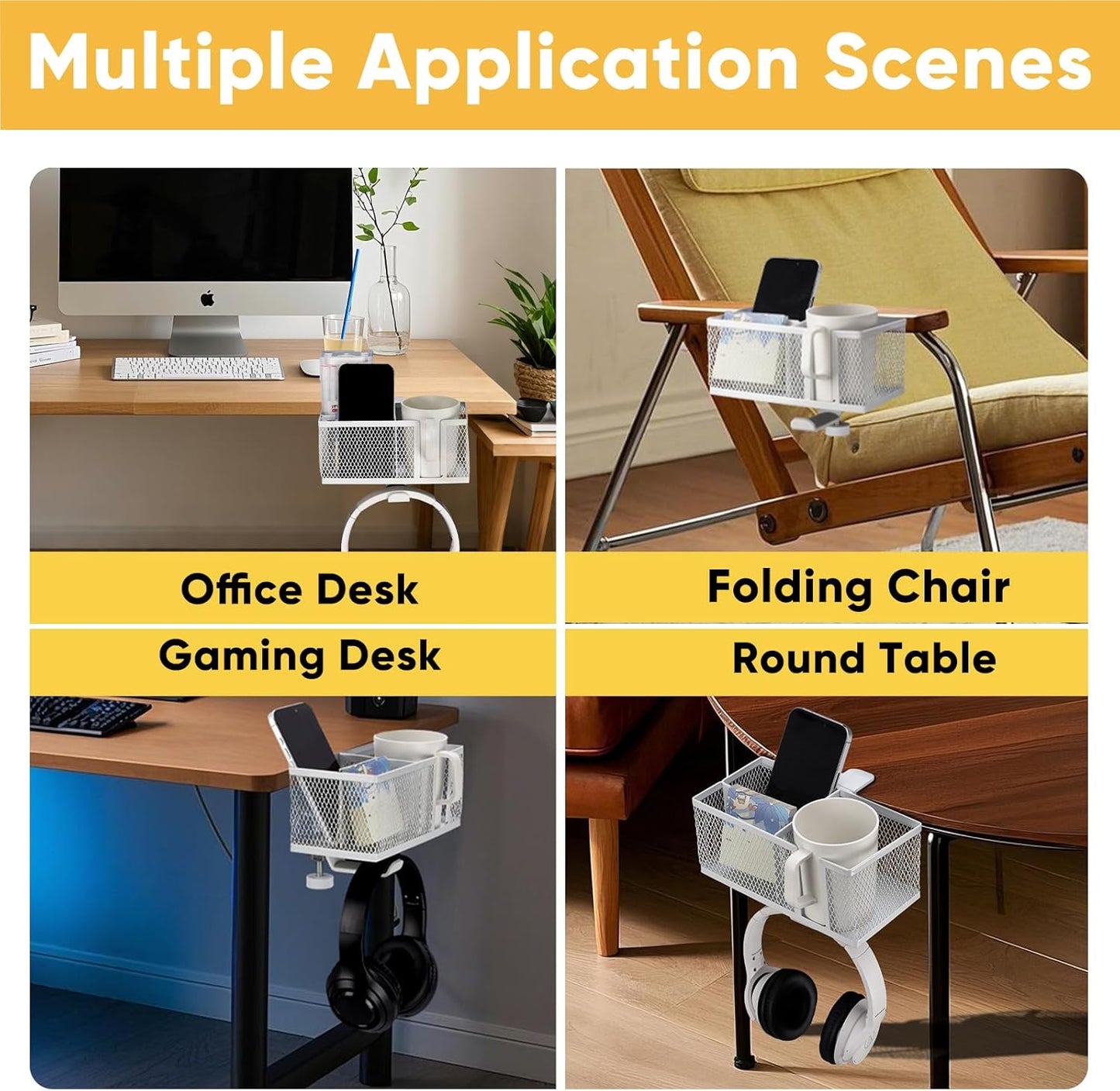 4 in 1 Metal Clip On Cup Holder Attachment for Gaming Desk or Table, Fits up to 40oz Cups, Sturdy and Easy to Clamp, Attachable Anti-Spill Cup Holder for Chair, Bedside, Bottles, Drinks - Black