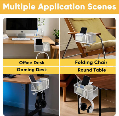 4 in 1 Metal Clip On Cup Holder Attachment for Gaming Desk or Table, Fits up to 40oz Cups, Sturdy and Easy to Clamp, Attachable Anti-Spill Cup Holder for Chair, Bedside, Bottles, Drinks - Black