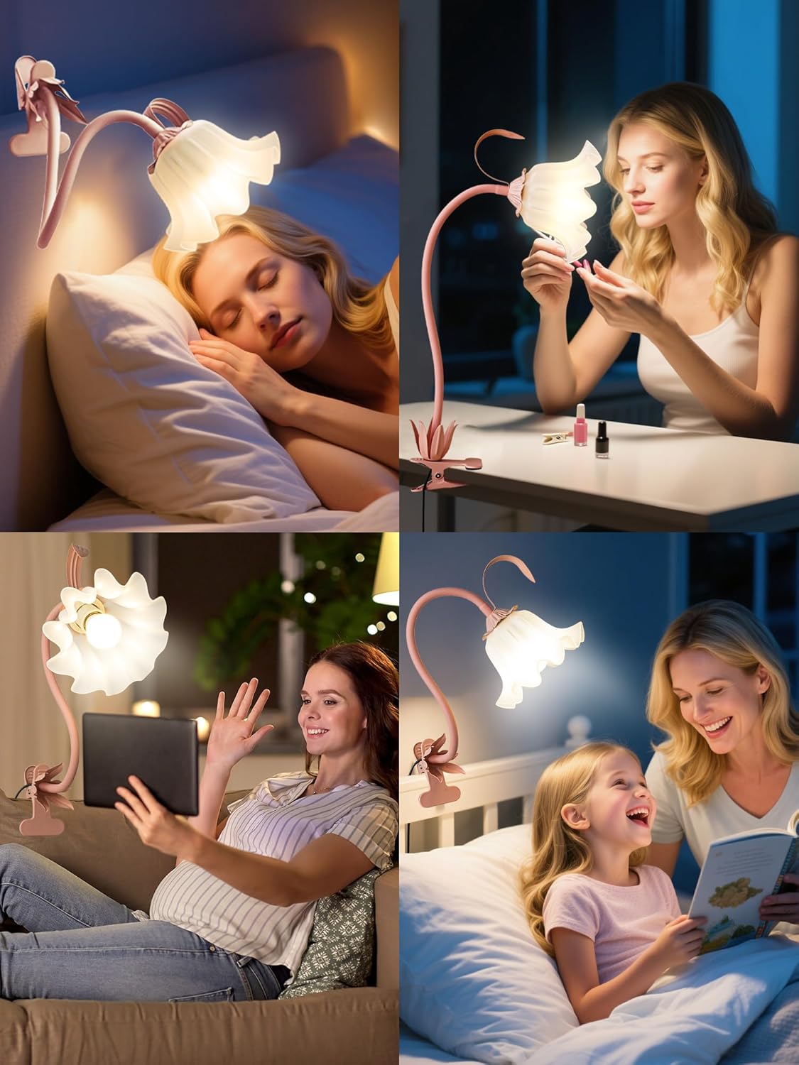 Clip on Light Flower Desk Lamp, LED Reading Light 3 Color Modes Eye-Caring Book Light Flexible Gooseneck Bedside Clip on Lamp for Desk Piano Office Bed Headboard Dorm (Green Lamp)