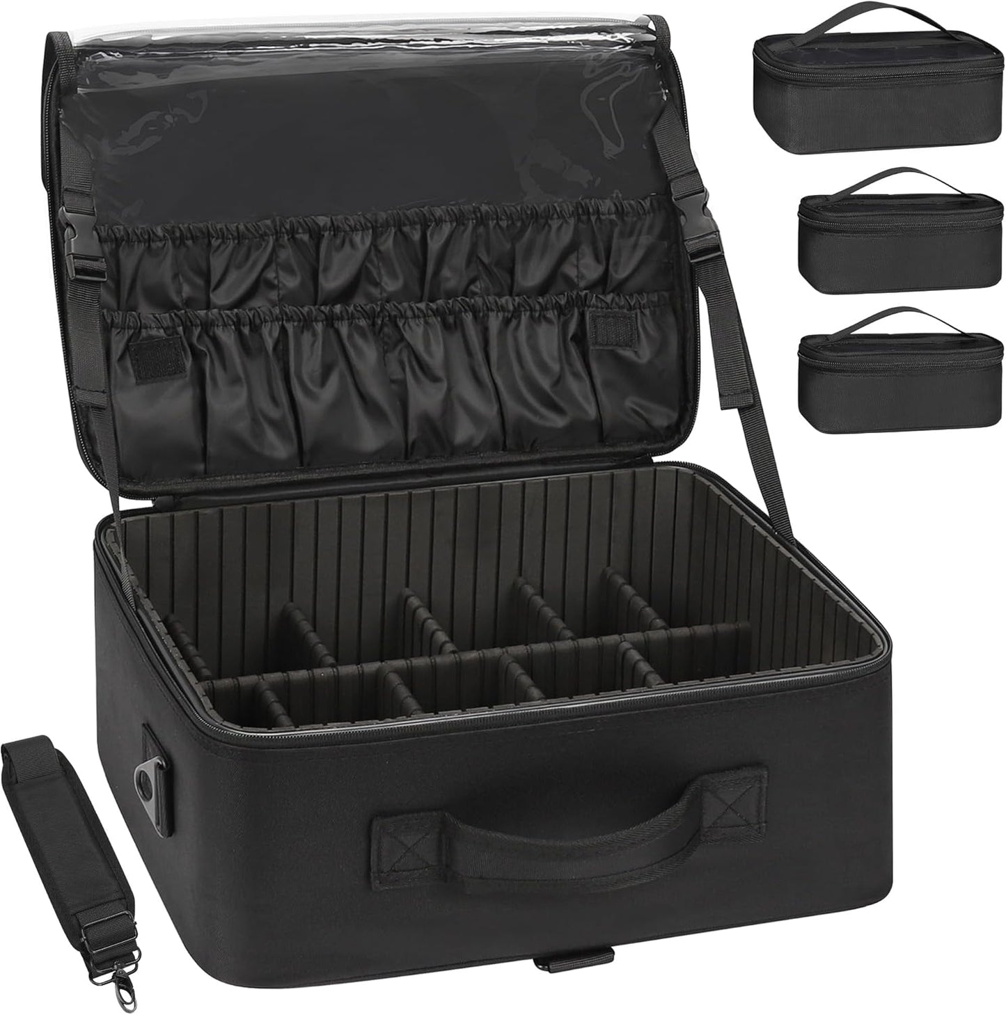 Relavel Makeup Case Large Makeup Bag Professional Train Case 16.5 inches Travel Cosmetic Organizer Brush Holder Waterproof Makeup Artist Storage Box, 3 Layer Large Capacity, with Adjustable Strap