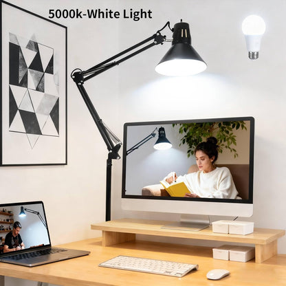 Desk Lamp With Clamp for Home Office, Eye-Caring Clip on Light with Adjustable Extra Tall Metal Swing Arm, High Intensity Clamp Lamp w/LED Bulb, Architect Task Table Lamps for Study, Workbench-B/5000k