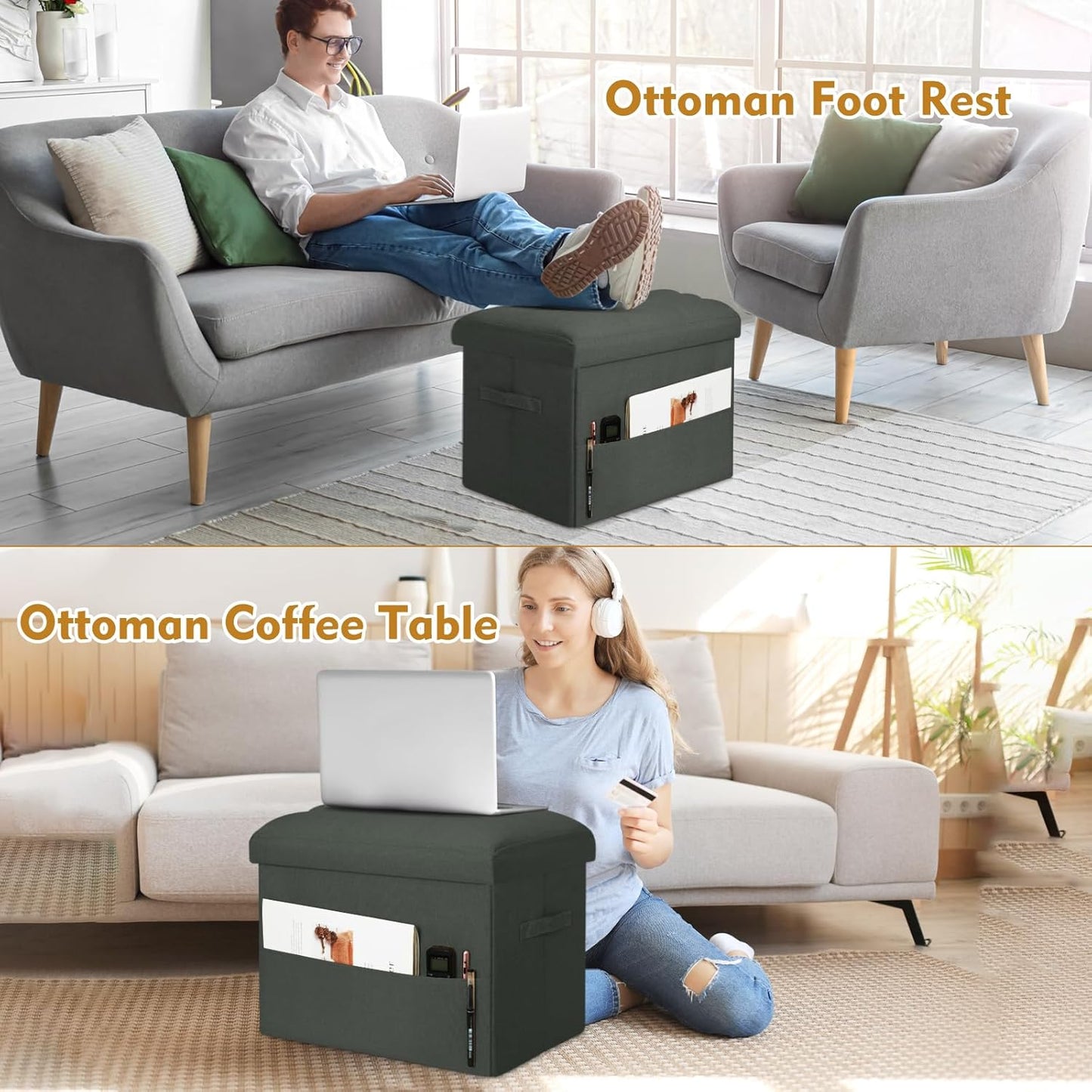 Storage Ottoman with Extra Thick Foam Padded Seat, Foldable Foot Rest Stool with Linen Fabric, 43L Ottoman with Storage Bench for Bedroom Living Room, Holds Up to 300lbs, 17x13x13in, Dark Gray