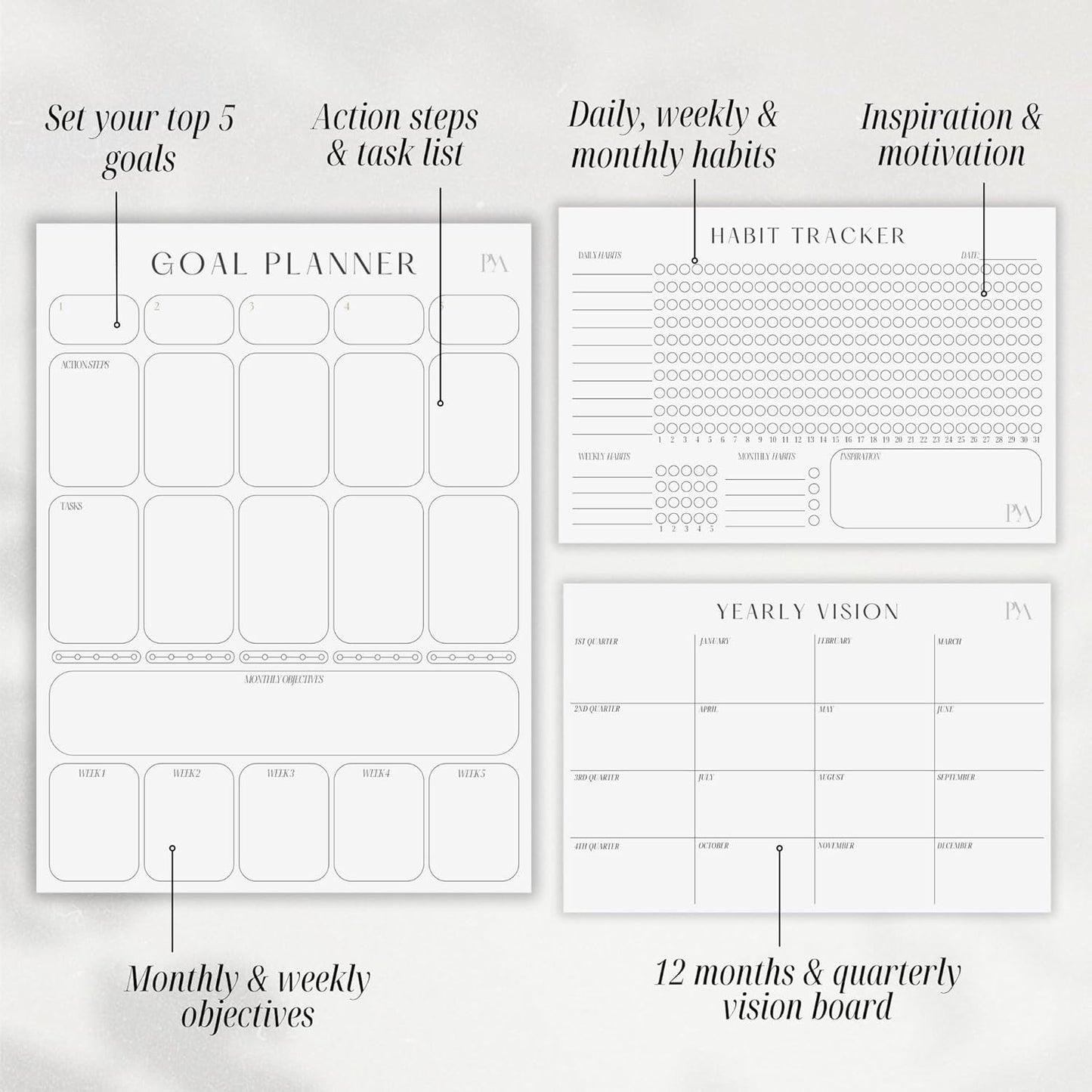 Magnetic Goal Planner Set: Reusable Dry Erase Habit Tracker, Vision Board, Purpose Planner and Workout Calendar Minimalist Wall Calendar Aesthetic Planner, Year at a Glance Wall Calendar 2025