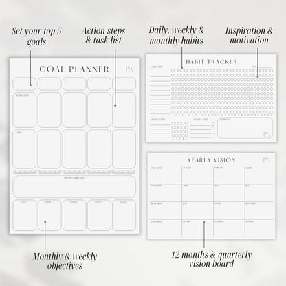Magnetic Goal Planner Set: Reusable Dry Erase Habit Tracker, Vision Board, Purpose Planner and Workout Calendar Minimalist Wall Calendar Aesthetic Planner, Year at a Glance Wall Calendar 2025