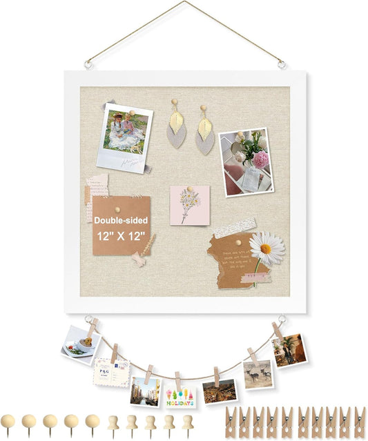 2-Pack Double-Sided Cork Board with Linen, 16" x 12" Hanging Wood Framed Bulletin Board, Picture Display Vision Board Kit Corkboards for Wall School Office Decor, 20 Pushpins (Vintage White)