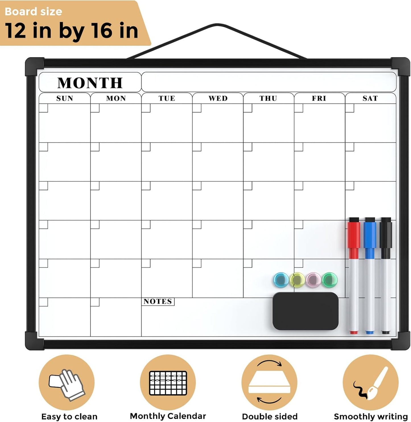 MaxGear Monthly Calendar Dry Erase Board for Wall, 16"x12" Small Hanging Double-Sided White Board, Portable Whiteboard for Planning, Drawing, Memo, to Do List, School, Home, Kitchen, Office
