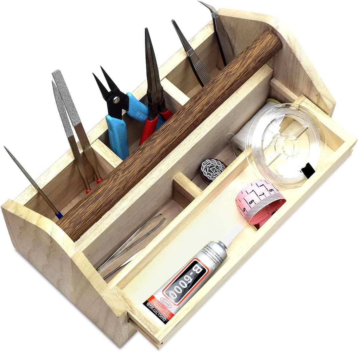 Ikee Design Small Natural Wood Color Wooden Craft Tool Box Caddy with a Handle for Storage Tool, Makeup, Collections with 5 Compartments for Storage and Organizing, 10 W x 5.1 D x 3.5 H in