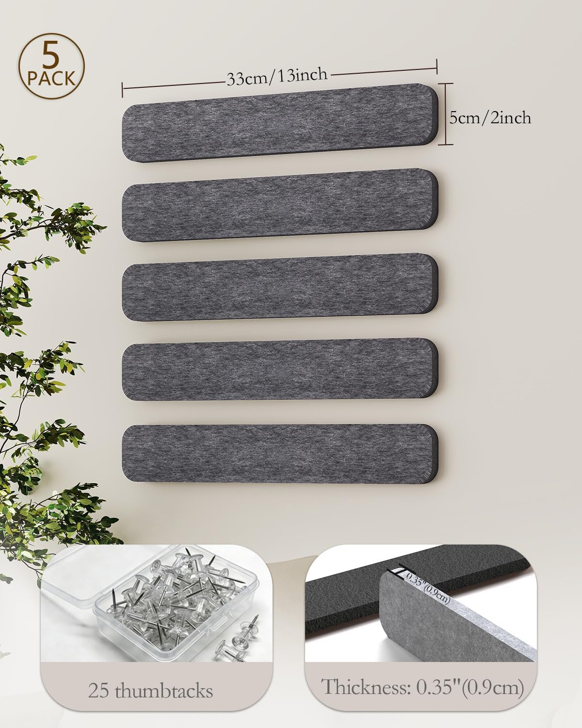 JBER Felt Strip Board 5 Pack 13"x2", Cork Board Alternative Pin Bulletin Board, Self-Adhesive Vision Board with 25 Push Pins for Walls, Office & Home Decor(Light Camel)