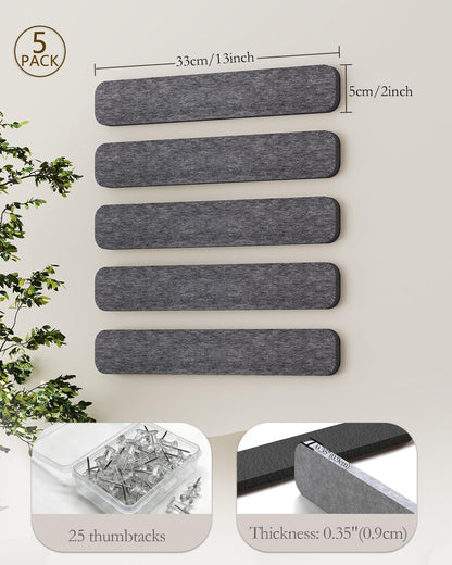 JBER Felt Strip Board 5 Pack 13"x2", Cork Board Alternative Pin Bulletin Board, Self-Adhesive Vision Board with 25 Push Pins for Walls, Office & Home Decor(Light Camel)