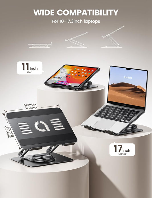 Lamicall Adjustable Laptop Stand for Desk - 360 Rotating Base Ergonomic Computer Stand, Aluminum Laptop Riser Foldable Protable for Office Home fits MacBook Neo Air Pro, Dell, HP (10-17.3'') - Black