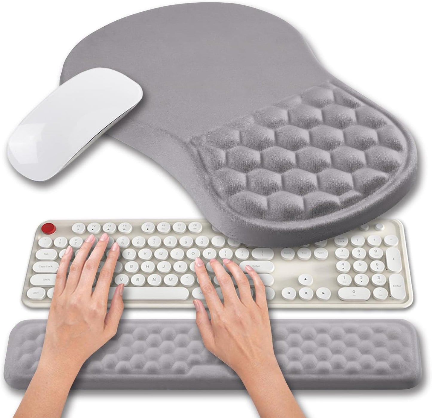 Hokafenle 2 in 1 Ergonomic Mouse Pad Wrist Support & Wrist Rest for Computer Keyboard Set, with Relieve Carpal Tunnel Pain Massage Bulge and Full Memory Gel Design (2In1 Set, Black)