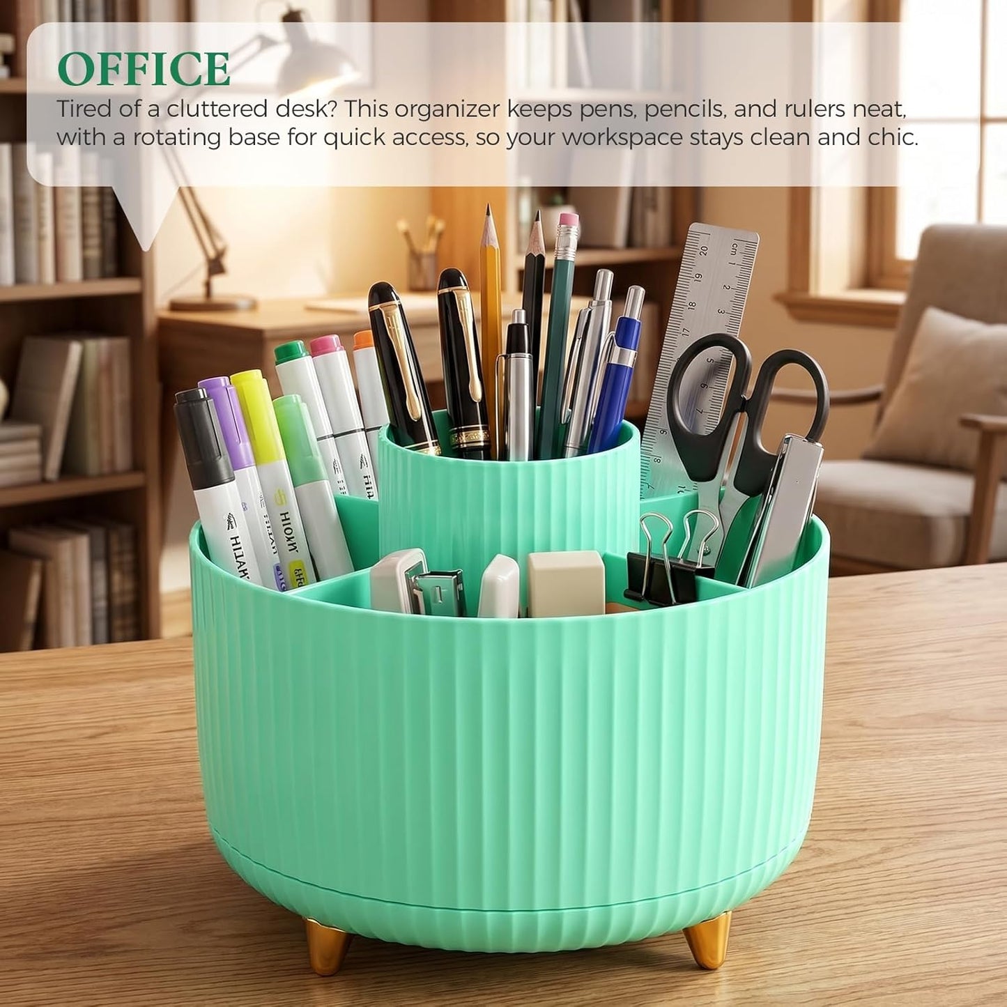 KONVINIT Pencil Pen Holder for Desk, 5 Slots 360 - Degree Rotating Desktop Organizer, Cute Desk Organizers and Accessories for School, Home, Office and Art Supply, Black