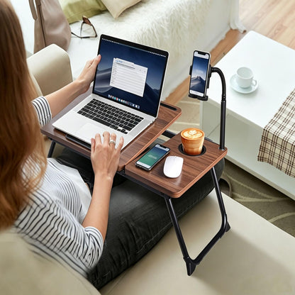 Foldable Lap Desk for Bed and Sofa, Portable Laptop Desk with Gooseneck Phone Stand, Cup Holder & Mouse Pad Extension, Extra Large Bed Desk Tray fits up to 17" Laptops (Walnut)