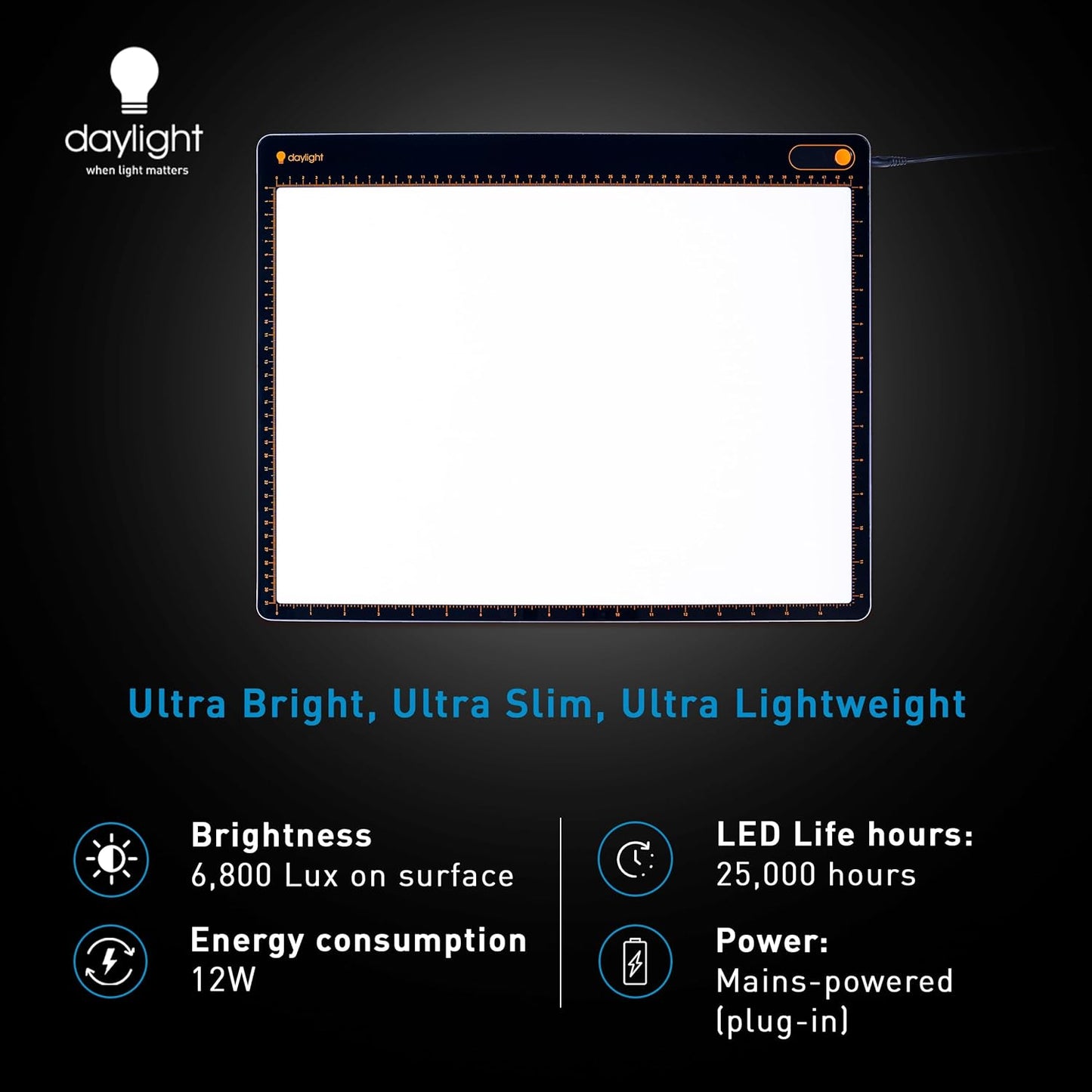 Daylight Tabla XL™ A3 LED Light Pad - 6,800 Lux Ultra Bright, 3-Step Dimmable, Edge-to-Edge Illumination, Non-Scratch Surface, Aluminum Frame, Tracing Pad for Artists, Quilting, Vinyl Weeding