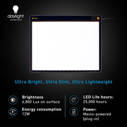 Daylight Tabla XL™ A3 LED Light Pad - 6,800 Lux Ultra Bright, 3-Step Dimmable, Edge-to-Edge Illumination, Non-Scratch Surface, Aluminum Frame, Tracing Pad for Artists, Quilting, Vinyl Weeding