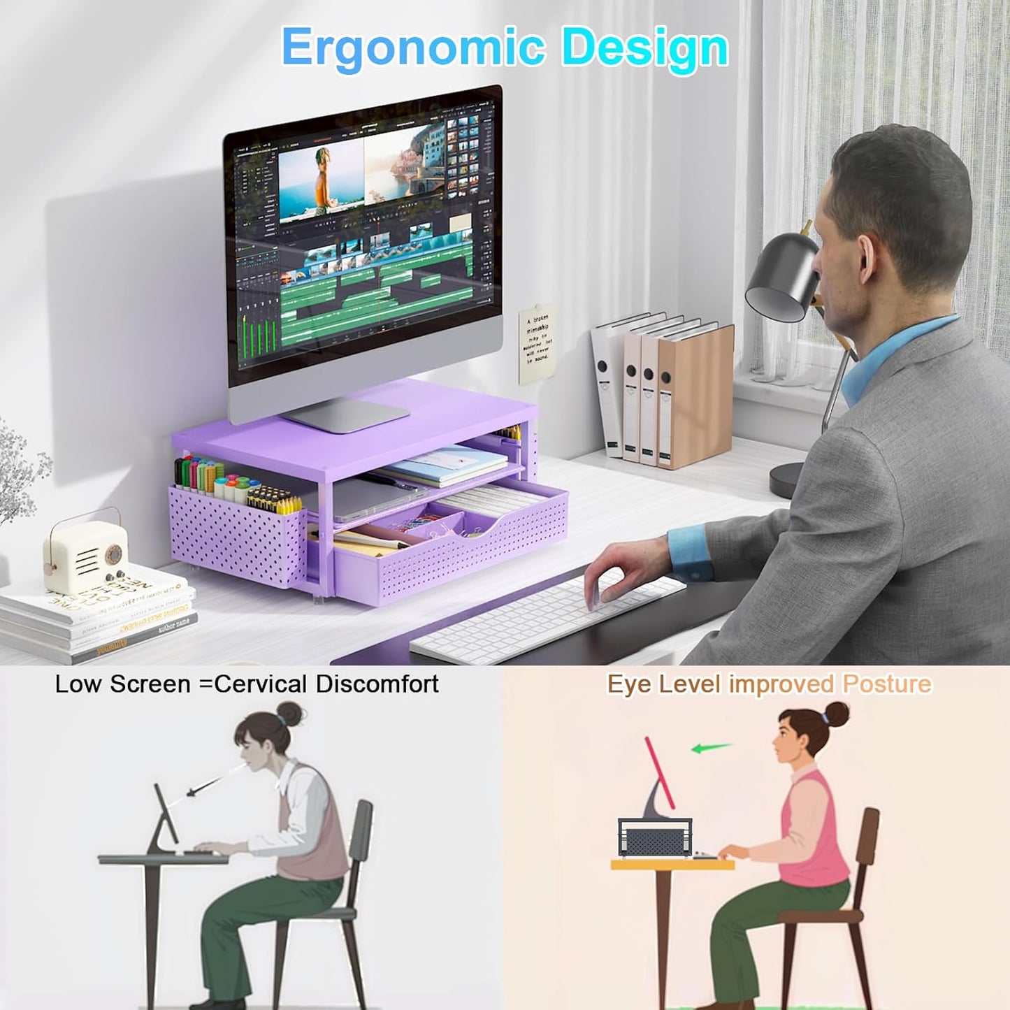 gianotter Monitor Stand Riser, Office Desk Shelf Organizer, Desk Organizer with Drawer and Pen Holder, 2-Tier Computer Stand, Office Organization (Ink)