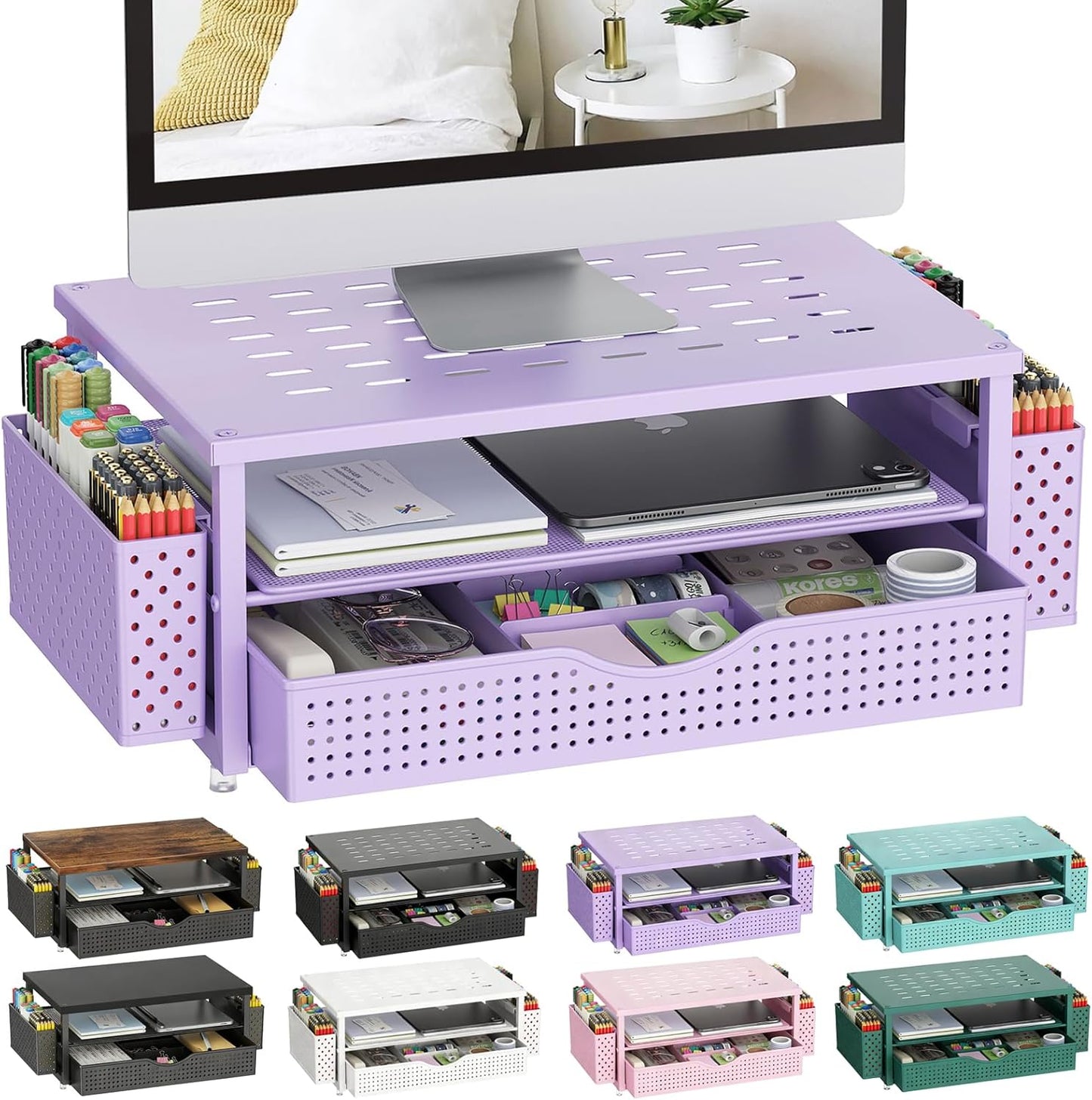 gianotter Monitor Stand Riser, Office Desk Shelf Organizer, Desk Organizer with Drawer and Pen Holder, 2-Tier Computer Stand, Office Organization (Ink)