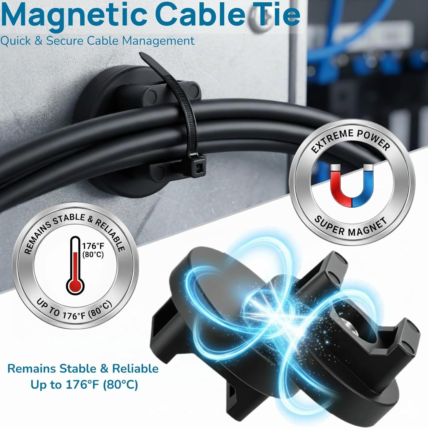 225 Pieces Magnetic Cable Ties Set, 25 Magnetic Zip Tie Mounts with 200 Cable Ties, Strong Wire Holder Cables Management, Multipurpose Electrical Cord Holders Organizer (22mm)