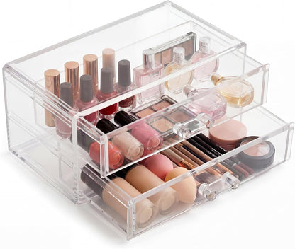 Acrylic Makeup Organizer 2 Drawer Transparent Makeup Storage Box with DIY Flower Nails Tips Jewelry Cosmetic Organizer Dustproof Drawer for Bedroom, Bathroom, Countertop Dresser 7.5 x 4.72 x 3.9 Inch