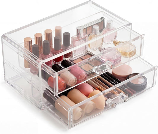 Acrylic Makeup Organizer 2 Drawer Transparent Makeup Storage Box with DIY Flower Nails Tips Jewelry Cosmetic Organizer Dustproof Drawer for Bedroom, Bathroom, Countertop Dresser 7.5 x 4.72 x 3.9 Inch