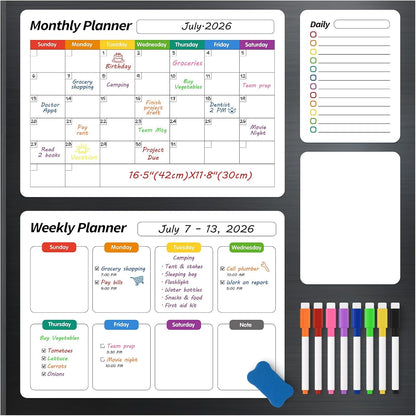 FINDMAG 4 Pack Magnetic Dry Erase Board Set, 16.5"x11.8" Magnetic Calendar for Refrigerator, Fridge Calendar Magnet, Black Weekly Planner Whiteboard for Fridge, Easy to Use with 8 Markers & Eraser