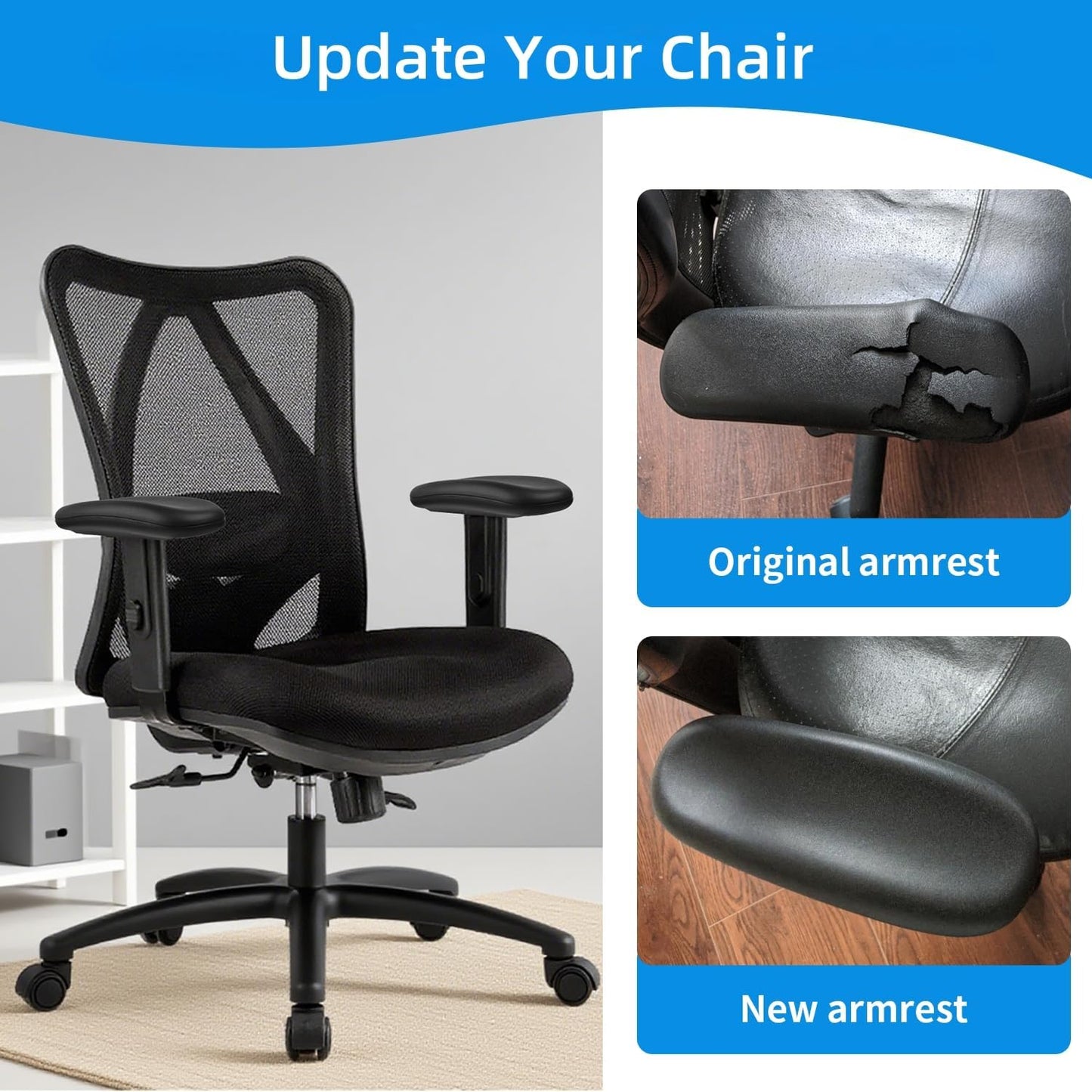 Office Chair Armrest Replacement, PU Arm Pads Caps, Fit to Most Chairs with 4" Mounting Hole Distance, 1 Pair