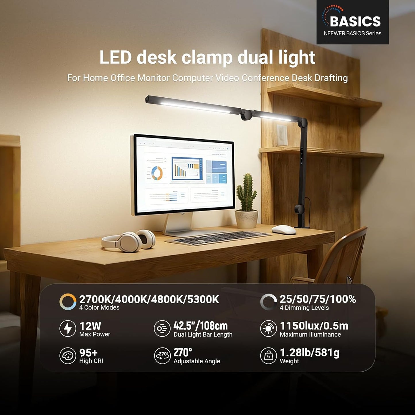 NEEWER Basics 12W Dual Monitor Light Bar with Stands, LED Lamp for Home Office Video Conference Lighting Desk Computer Laptop Webcam Zoom Streaming, Bi Color, Remote/Touch Control Dimmable, L10